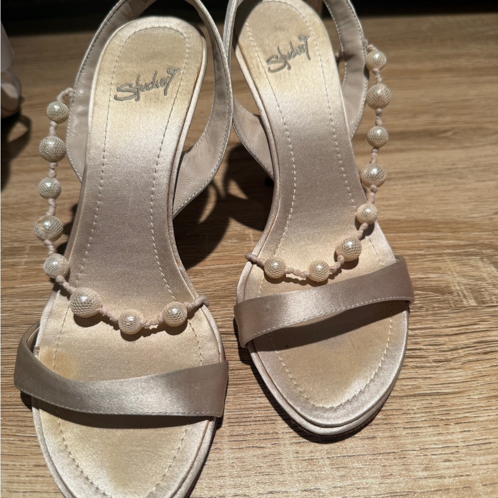 Nine West Champagne Pearl-Embellished Slingback Heels